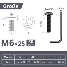 Pack of 30 Screws M6 x 25 mm, Flat Head Screws M6 Hexagon Socket Stainless Steel A2 V2A Full Thread Black Oxide with Allen Key
