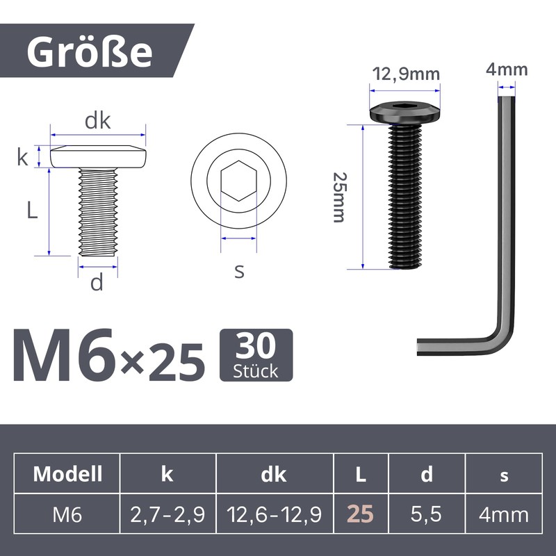 Pack of 30 Screws M6 x 25 mm, Flat Head