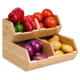 Bambition Bamboo Pantry Storage Bins for Veggies and Fruits, Set of 3 Pieces Stackable Potato and Onion Storage Baskets, Wood Produce Organizer for Pantry