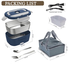 CDBEEE Electric Lunch Box Food Heater - 80W Fast Heating, 1.5L Heated Lunch Box Leak-Proof 304 Stainless Steel Portable Food Warmer, (12V/24V Car/Truck & 110V Home), Ideal for Work/Travel（Blue-white）