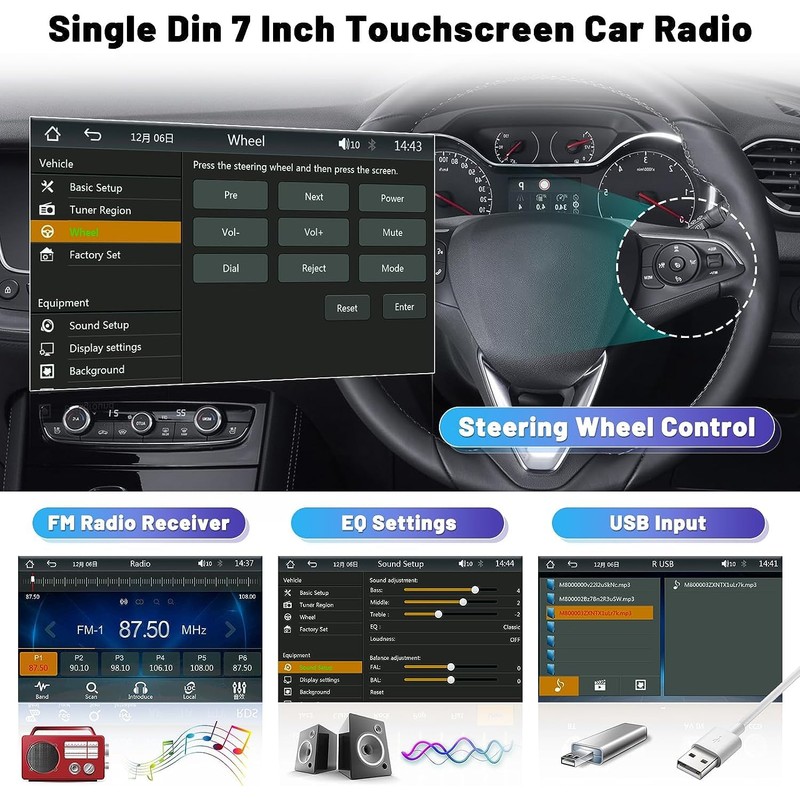 Hikity Car Stereo Single Din Wireless CarPlay Android Auto, 7