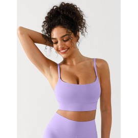 BRXL Padded Adjustable Spaghetti Strap Sports Bra for Women Low Impact Strappy Thin Strap Scoop Neck Pilates Yoga Bras Purple