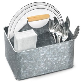 Plexon Silver Metal Caddy Table Utensil Caddy with Handle Galvanized Steel Utensil Holder for Party Metal Flatware Caddy Large Silverware Organizer Countertop for Kitchen Garden Patio Bathroom
