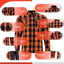 Daniel Smart Men's Motorcycle Shirt Plaid Biker Flannel Jacket Removable Sporty Armored, Zipper Closure & Water Resistant (US, Alpha, 4X-Large, Regular, Regular, Orange)