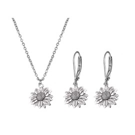 Modpide Sunflower Earrings for Women Vintage Gold Plated Sunflower Leverback Earrings Sunflower Necklace Jewelry Set Birthday Gifts for Women (Antique silver)