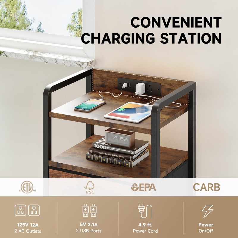 Lazzanto Night Stand Bedside Table Bedroom - Nightstand with Charging