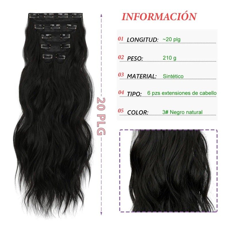 Extensiones De Cabello De Pelo Ondulado Cortinas Clip 6 Pzs