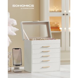 SONGMICS Jewelry Box Organizer with Glass Lid, 6-Layer Jewelry Storage, with 5 Drawers, Modern Style, 6.4 x 9.9 x 11.4 Inches, Cloud White and Gold Color UJBC171W01