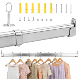 WARDENIX Closet Rods for Hanging Clothes, 34 to 62 Inches Stepless Extendable Stainless Steel Closet Pole, Heavy Duty Clothes Rod for Closet Wardrobes Laundry RV, Flat Oval, Chrome