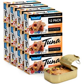 FinerFin Yellowfin Tuna Fillets in Organic Olive Oil | Mexicana Salad Flavor | Premium Canned Tuna Fish with EVOO | Gourmet Ready-to-Eat Pole & Line Caught Fillets | 4.4oz can - 12 Pack