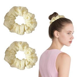 2Pcs White Puff Hair Scrunchies for Women,Summer White Puff Fabric Scrunchies Sweet Girly No Damage Hair Ties Accessories & Versatile Bun Ponytail for Girls Thick Curly Hairs