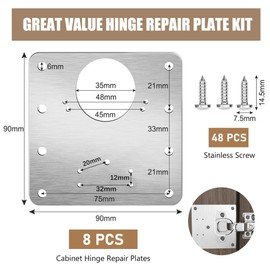 Hinge Repair Plate, 8PCS Cabinet Hinge Repair Plate with Holes, Stainless Steel Hinge Repair Brackets with Customized Screws for Kitchen Cupboard Door Furniture Wardrobe