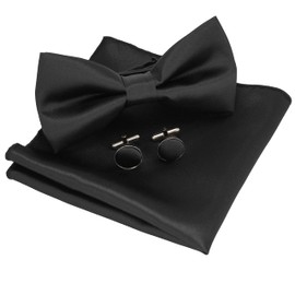 JEMYGINS Men's Plain Bow Tie and Pocket Square with Cufflinks, Black
