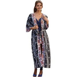Checked beach kimono cover ups for Women 3/4Sleeve Kimono Duster Light Weight Kimono Cover up Loose swimwear cover ups kimono robes Open Front summer cardigans Beach Cover up with Belt (778 Check)