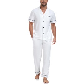 COLORFULLEAF Mens Pyjamas Set 100% Cotton Soft Button Down Nightwear Short Sleeve Top & Long Bottoms Pjs - Gifts for Him(White,M)