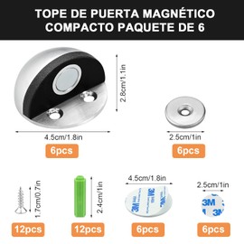 Tope de Puerta,6pack Topes Magnéticos para Puertas,con Tope de Goma para Evitar Golpes,soporte magnético para puerta moderno,topes de puerta para montaje en piso,para Baño, Dormitorio, Cocina