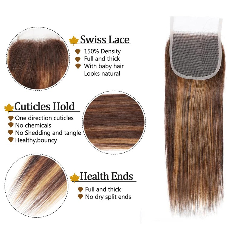 Bundles with Closure Ombre Human Hair 10A Highlight Brown 3
