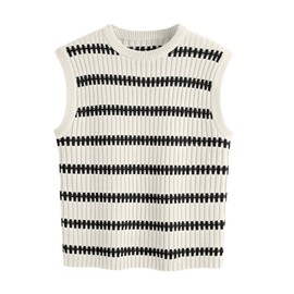 LILLUSORY Women Sweater Vest Sleeveless Sweater Tank Tops Crew Neck Knit Vest Tops Fall Trending Outfits 2024 StripedWhite S