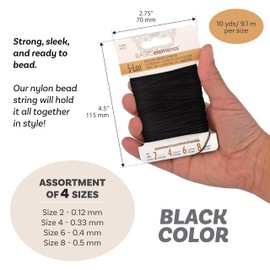 The Beadsmith S-Lon Nylon Beading Thread – 4-Size Assortment Card (0.12 mm, 0.3 mm, 0.4 mm, 0.5 mm), Black Color, 10 Yards (9.1 m) Each, Strong & Flexible Stringing Cord