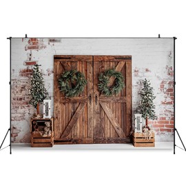 Aurolisa 10x6.6ft Christmas Photo Backdrop, White Brick Wall and Rustic Barn Door Photography Backdrops, Kids Family Portrait Backdrops for Photoshoot, Xmas Tree Backgrounds Booth Photoshoot