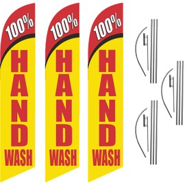 GLOBAL ADVERTISING SOLUTIONS Hand Car Wash Feather Flag Eye Catching Banner Sign for Business and Marketing Complete Set of three with 15 ft Pole Kit and Ground Spike (100% Hand Wash)