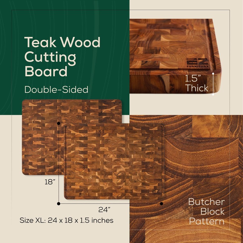 EZ FURNITURE Non-Toxic Teak Large Wood Cutting Board & Serving