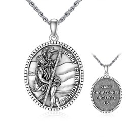 CEKAMA St Christopher Necklace for Men Women Sterling Silver Saint Christopher Medal 20 Inch Oval Coin Antiqued Religious Protector Talisman Pendant Jewelry Gift For Father