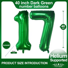 Number 17 Dark Green Balloons 40 Inch Giant Green 17 Numer Foil Helium Balloons for 17th Green Birthday Party Supplies 17th Anniversary Events Decorations