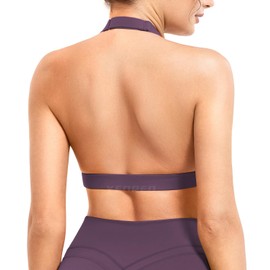 YEOREO Roxanie Women Halter Sports Bra Scoop Neck Removable Padded Open Back Yoga Workout Crop Tank Top, Blackberry Purple, Medium