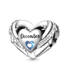 GNOCE Birthstone Charm for Charm Bracelet 925 Sterling Silver Love Heart Bead Happy Birthday Charms for Bracelet/Necklace Gift, Silver, Cubic Zirconia