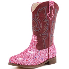 Motasha Girls Cowgirl Boots Unisex-Child Mid Calf Glitter Toddler Girls Boots Cowboy Boots for Girls Little Big Kids Boots Western Riding Boots (M7101 Sequins Pink 12)