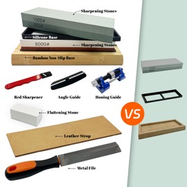 SNAIL GARDEN 10PCS Knife Sharpening Stone Set, 2PCS Dual-Sided Whetstones with Red Sharpener, Metal File, Flattening Stone, Bamboo Base, Angle Guide, Honing Guide, Silicone Base, Leather Strop