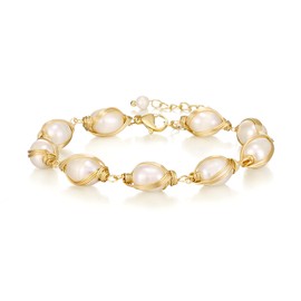 EVER FAITH Baroque Bracelet 18K Gold Vintage Oval Simulated Pearl Wrapped Silk Handmade Adjustable Charm Bracelet Petite Wedding Bridal Jewellery for Women, Simulated Pearl