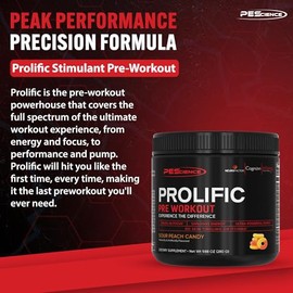 PEScience Prolific - Polvo para preentrenamiento, caramelo de melocotn cido, 40 cucharas, suplemento energtico con xido ntrico, sabor distintivo KK...