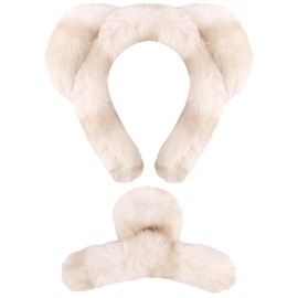 Vovii Bear Ears Headband and Fuzzy Claw Clip Set for Women Girls Face Wash Skincare Spa Makeup