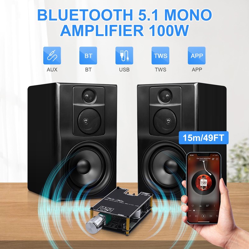 HiFi Amplifier with Bluetooth 5.1, ZK-1001B Audio Amplifier Card 100W