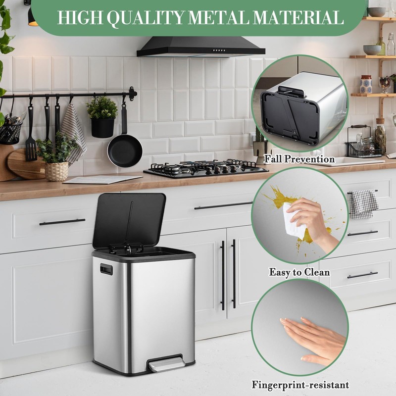 8 Gallons/30 L Dual Trash Can with Lid, Stainless Steel
