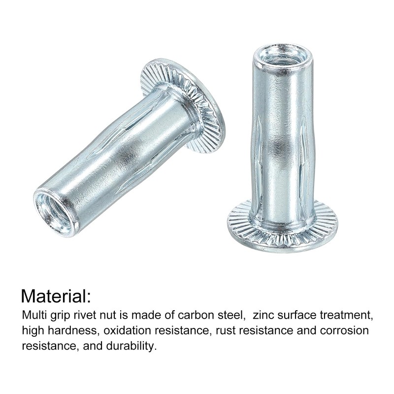 sourcing map M6 Multi-Grip Rivet Nuts, 10pcs Pre-Bulbed Shank Flat