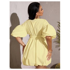 WDIRARA Women's Deep V Neck Puff Sleeve High Rise Flare Dress Elastic Waist Dress Light Yellow Small