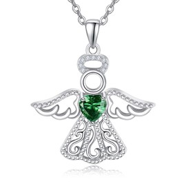 TANGPOET Guardian Angel Necklace Women's 925 Sterling Silver Angel Wings Chain Heart Birthstone Zirconia Angel Jewellery Gifts for Women Girls Daughter, Sterling Silver