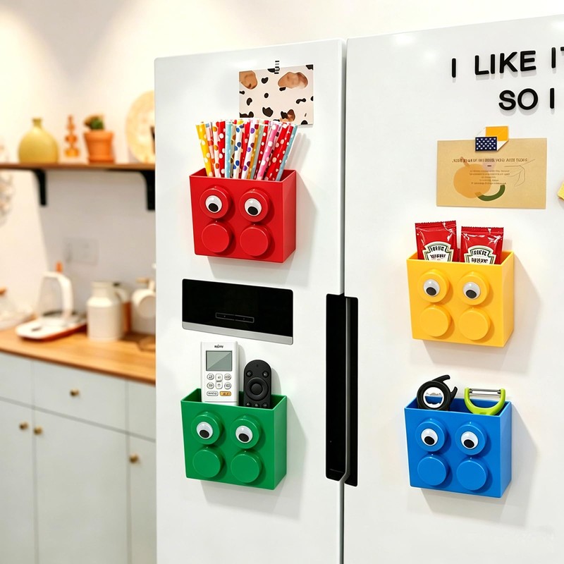 Cute Brick-Style Magnetic Basket Organizer for Fridge, 2 Pack ABS