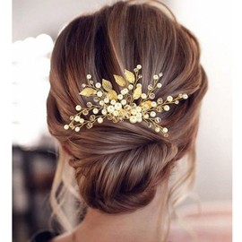 BETITETO Bridal Decorative Hair Comb Crystal Pearl Gold Leaf Wedding Hair Piece Accessories for Women Girls Party