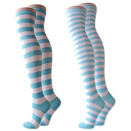 OLYOLY [Set of 2] Extreme Shimajima Socks, Knee High Socks, Anicos Cosplay, Costume, Accessories, Loose Socks, Striped Border, Women's (07 Blue)