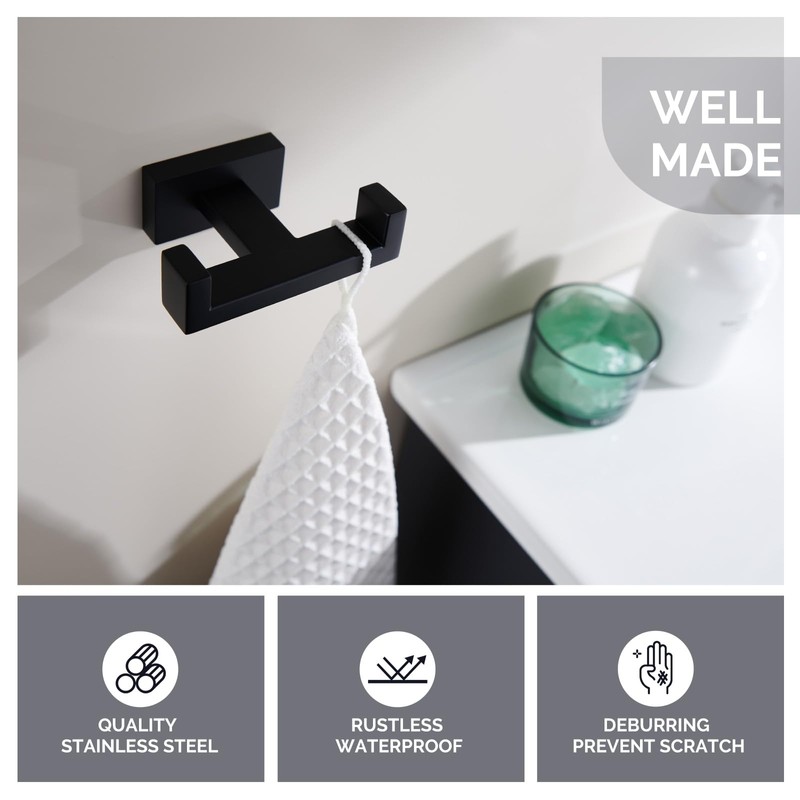 Angle Simple Double Towel Hook Matte Black, Stainless Steel Bathroom