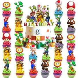 Mario Confezione di decorazioni per torte di compleanno da 25 topper per cupcake di Mario Decorazione per cupcake e torta per la festa di compleanno dei bambini, decorazione per cupcake e torta per la