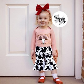 Loalirando Newborn Baby Girl 3Pcs Outfit Long Sleeve Bull Head Print Sweatshirt Tops Romper with Cow Print Flare Pants with Tassels Headband Fall Winter Clothes (Pink, 3-6 Months)