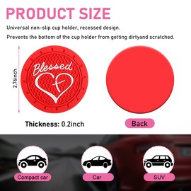 Augeny 2PCS Car Cup Holder Coaster, Non-Slip PVC Insert Cup Coaster, 2.76 Inch Blessed Cross and Heart Christian Auto Drink Cup Mat, Interior Car Accessories for Women Girls (Red)