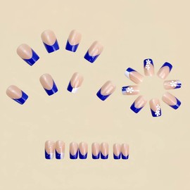 24Pcs French Press on Nails Short Square LINMEIZAI with Pink Floral Design Fake Nails Press Ons Nail Glue on Nails Stick on Nails Acrylic Nail Tips Kit False Nails Stickers Nail Art for Women Manicure