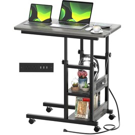 C Shaped End Table Height Adjustable - Couch Side Table with Charging Station, TV Tray with Wheels Slide Under Sofa for Wall Shelf with Hooks for Bedroom, Bathroom, Living Room, Grey