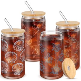 Reallnaive 4 Pcs16oz Ocean Themed Drinking Glasses Cup with Bamboo Lids and Straws Shell Sea Turtle Starfish Conch Coffee Glass Tumbler for Seashore Coastal Lovers Birthday Summer Beach Party Gifts